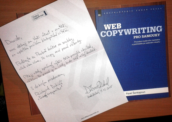 Dopis s věnováním a knížkou pro vítěze tipovací soutěže